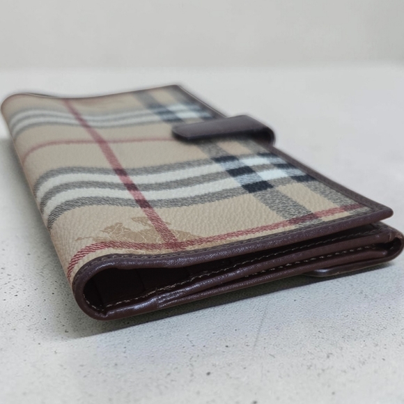 Burberry Haymarket Nova Check Bifold Wallet Brown Leather Gold Buckle Italy - Picture 11 of 15